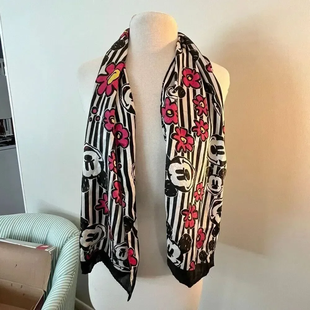 VTG Mickey Mouse Graphic Scarf Black White Pink Stripes 10x52 Disney Style